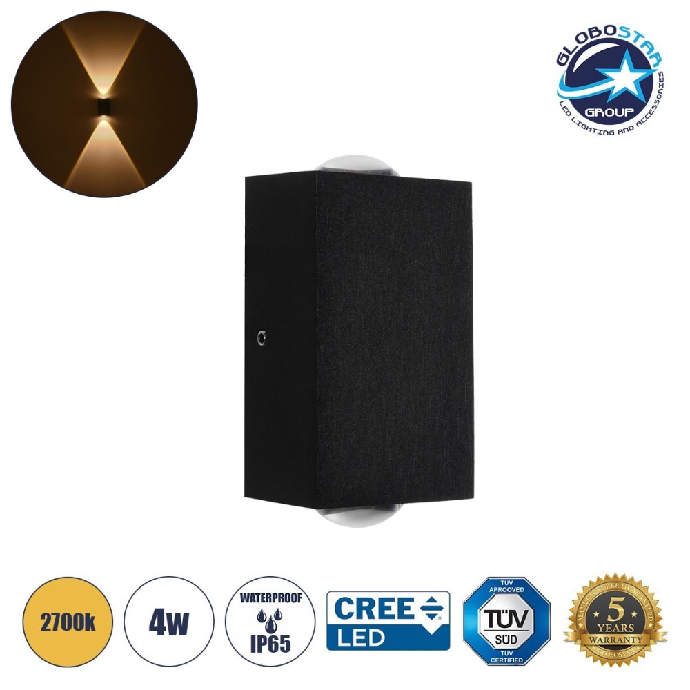 GLOBOSTAR® HIKARI 60685 Μοντέρνο Φωτιστικό Τοίχου - Απλίκα LED 4W 500lm 30° AC 220-240V Αδιάβροχο IP65 Θερμό Λευκό 2700K - CREE XPE Chip & TÜV SÜD Driver - Μαύρο Ματ - Μ6 x Π4 x Υ10.5cm - 5 Χρόνια Εγγύηση